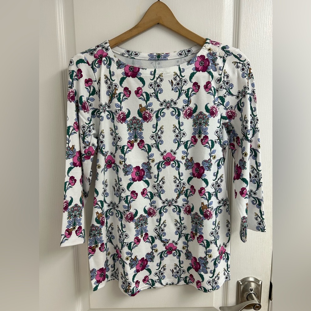 NWT Charter Club 100% Supima Cotton Women’s Medium Boatneck Top, White Floral